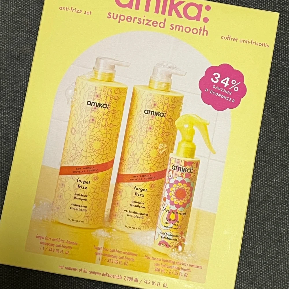 Amika Supersized Smooth Anti-Frizz Shampoo, Conditioner Liters, Leave-in & PUMPS